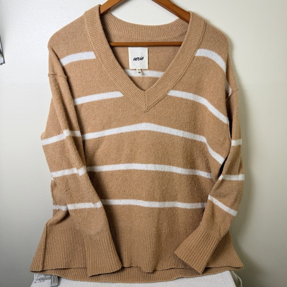 Aerie Sweater Womens XXSmall‎ Brown UnREAL Striped Long Sleeve Cozy Oversized